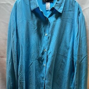 Bright Turquoise Blue Silk button down shirt large quiet luxury cowgirl